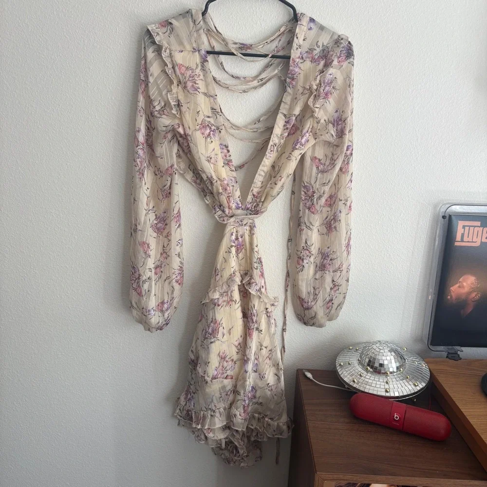 Luxxel Floral Cutout Romper Cream Pink Purple Metallic Ruffle Small LR7033 - Picture 4 of 10